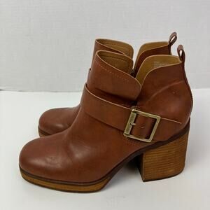 Korks Kari Booties Ankle Boots Tan Cognac Platform Block Heel Buckle Sz 10